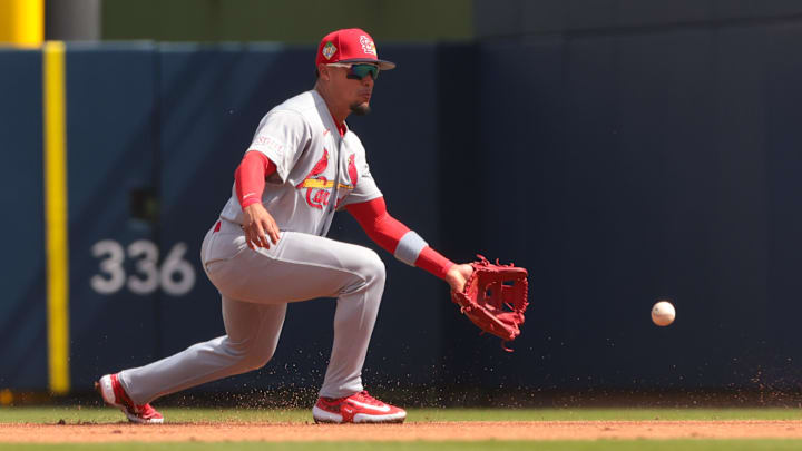 Feb 22, 2026; West Palm Beach, Florida, USA; St. Louis Cardinals second baseman Bryan Torres (39) catches a ground ball to retire Houston Astros left fielder Taylor Trammell II (not pictured) during the first inning at CACTI Park of the Palm Beaches. Mandatory Credit: Sam Navarro-Imagn Images