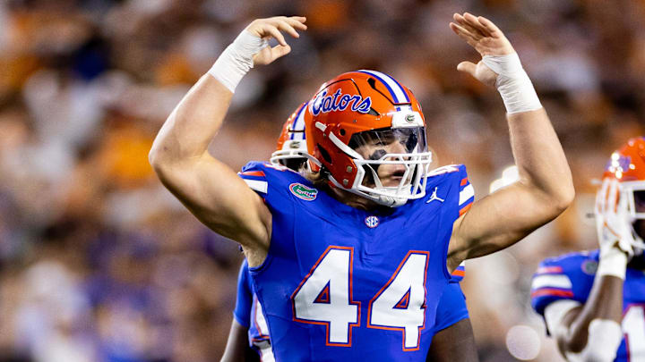 Sep 16, 2023; Gainesville, Florida, USA; Florida Gators defensive end Jack Pyburn (44) gestures to the crowd during the first half against the Tennessee Volunteers at Ben Hill Griffin Stadium. Mandatory Credit: Matt Pendleton-Imagn Images