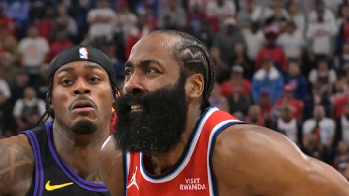 Los Angeles Clippers guard James Harden drives past Los Angeles Lakers forward Jarred Vanderbilt.