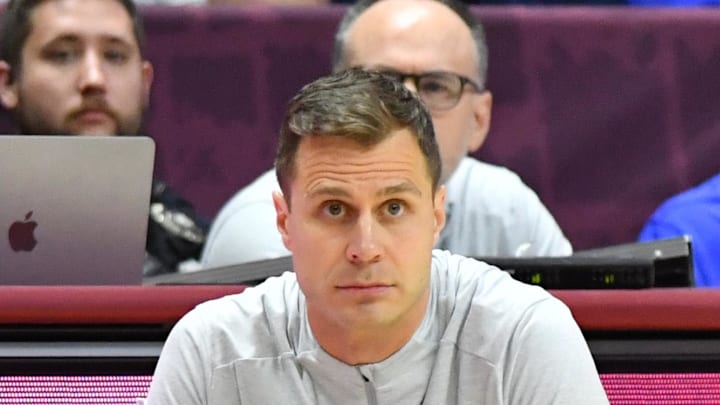 Jan 31, 2026; Blacksburg, Virginia, USA; Duke Blue Devils head coach Jon Scheyer watches his team against the Virginia Tech Hokies during the second half against Virginia Tech Hokies at Cassell Coliseum. Mandatory Credit: Brian Bishop-Imagn Images