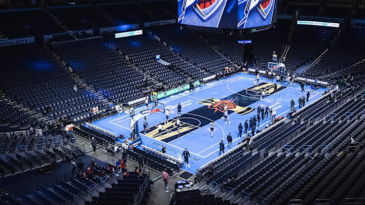 Nov 3, 2023; Oklahoma City, Oklahoma, USA; A view of the tournament court before the game between the Golden State Warriors and Oklahoma City Thunder at Paycom Center. Mandatory Credit: Alonzo Adams-Imagn Images