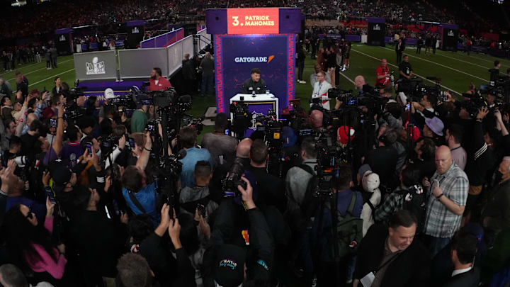 Feb 5, 2024; Las Vegas, NV, USA; A general view as Kansas City Chiefs quarterback Patrick Mahomes (15) is interviewed by media during Super Bowl LVIII Opening Night at Allegiant Stadium. Mandatory Credit: Kirby Lee-Imagn Images
