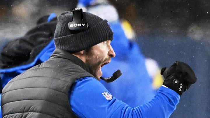 Jan 18, 2026; Chicago, IL, USA; Los Angeles Rams head coach Sean McVay reacts after a defensive stop against the Chicago Bears during the fourth quarter of an NFC Divisional Round game at Soldier Field. Mandatory Credit: Matt Marton-Imagn Images