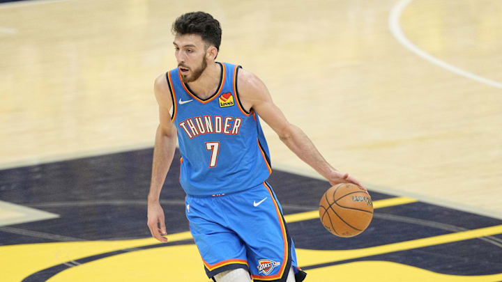 Jun 13, 2025; Indianapolis, Indiana, USA; Oklahoma City Thunder forward Chet Holmgren (7) dribbles the ball against the Indiana Pacers during the first half during game four of the 2025 NBA Finals at Gainbridge Fieldhouse. Mandatory Credit: Kyle Terada-Imagn Images