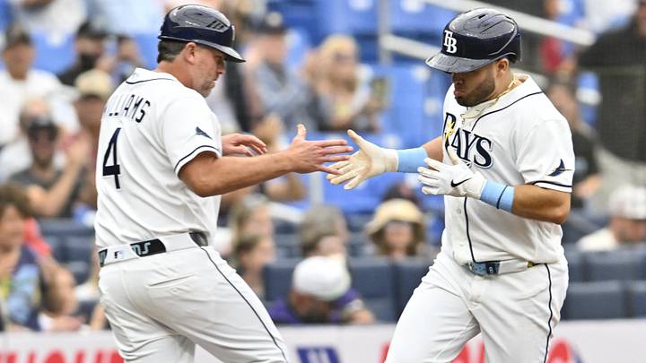 May 31, 2026; St. Petersburg, Florida, USA; Tampa Bay Rays first baseman Jonathan Aranda (8) celebrates a home run with third base coach Brady Williams (4) during the first inning against Los Angeles Angels at Tropicana Field. May 31, 2026; St. Petersburg, Florida, USA; Tampa Bay Rays first baseman Jonathan Aranda (8) celebrates a home run with third base coach Brady Williams (4) during the first inning against Los Angeles Angels at Tropicana Field.