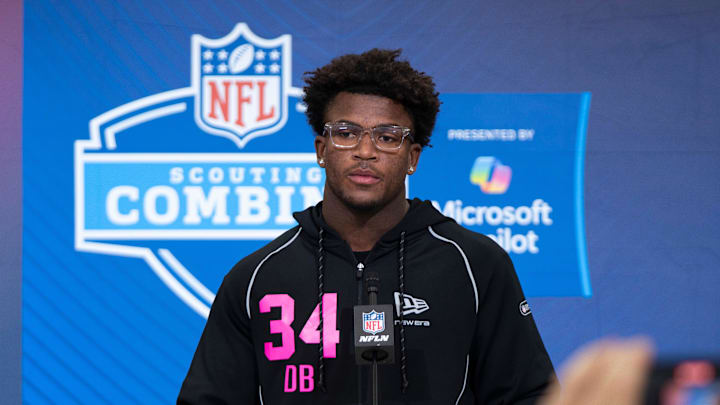 Ohio State defensive back Caleb Downs speaks to the media during the NFL Combine at the Indiana Convention Center. 