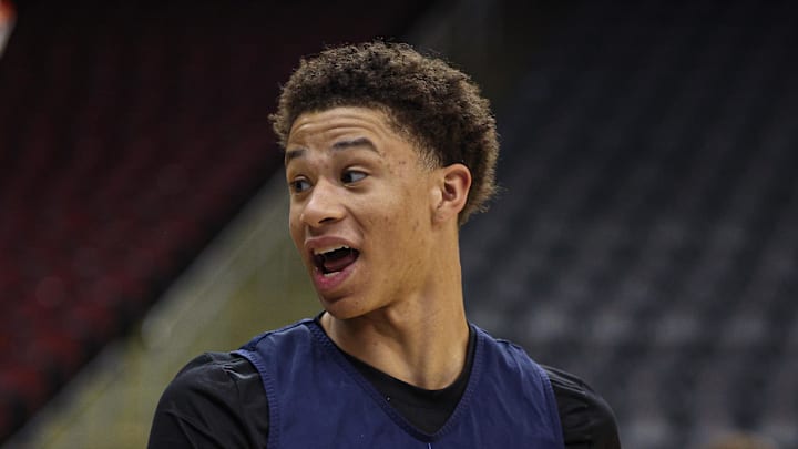 Mar 26, 2025; Newark, NJ, USA; Arizona Wildcats forward Carter Bryant (9) reacts during a practice session in preparation for an East Regional semifinal game against the Duke Blue Devils at Prudential Center. Mandatory Credit: Vincent Carchietta-Imagn Images