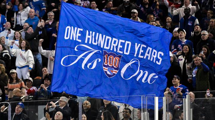 Nov 16, 2025; New York, New York, USA; General view of a flag being waved by New York Rangers staff during the second period against the Detroit Red Wings at Madison Square Garden. Nov 16, 2025; New York, New York, USA; General view of a flag being waved by New York Rangers staff during the second period against the Detroit Red Wings at Madison Square Garden.