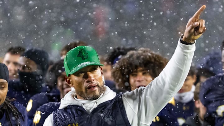 Nov 8, 2025; South Bend, Indiana, USA; Notre Dame Fighting Irish head coach Marcus Freeman points to the crowd after the second half against the Navy Midshipmen at Notre Dame Stadium. Nov 8, 2025; South Bend, Indiana, USA; Notre Dame Fighting Irish head coach Marcus Freeman points to the crowd after the second half against the Navy Midshipmen at Notre Dame Stadium.