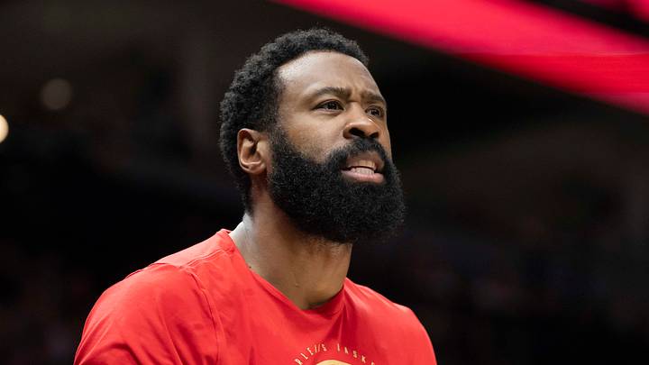 Apr 12, 2026; Minneapolis, Minnesota, USA; New Orleans Pelicans center DeAndre Jordan (6) on the bench against the Minnesota Timberwolves in the first half at Target Center. Mandatory Credit: Jesse Johnson-Imagn Images