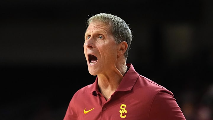 Jan 31, 2026; Los Angeles, California, USA; Southern California Trojans head coach Eric Musselman reacts against the Rutgers Scarlet Knights in the second half at Galen Center. Mandatory Credit: Kirby Lee-Imagn Images