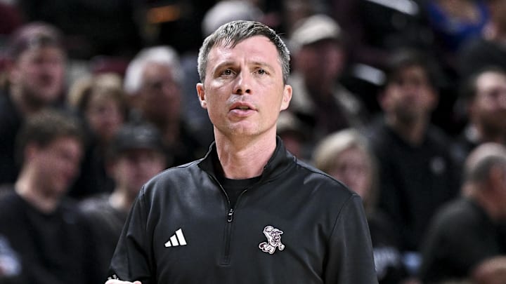 Feb 7, 2026; College Station, Texas, USA; Texas A&M Aggies head coach Bucky McMillan looks on during the first half against the Florida Gators at Reed Arena. Mandatory Credit: Maria Lysaker-Imagn Images 