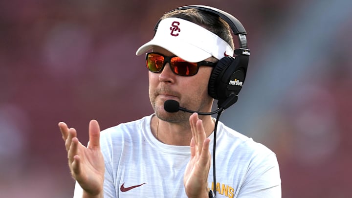 Sep 3, 2022; Los Angeles, California, USA; Southern California Trojans head coach Lincoln Riley reacts in the second half against the Rice Owls at United Airlines Field at Los Angeles Memorial Coliseum. Mandatory Credit: Kirby Lee-Imagn Images