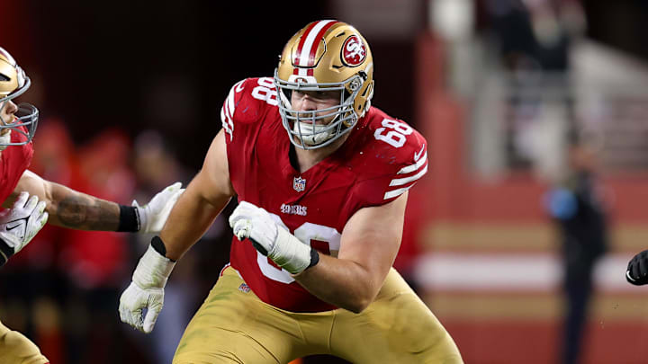 Dec 30, 2024; Santa Clara, California, USA; San Francisco 49ers offensive tackle Colton McKivitz (68) during the game against the Detroit Lions at Levi's Stadium. Mandatory Credit: Sergio Estrada-Imagn Images