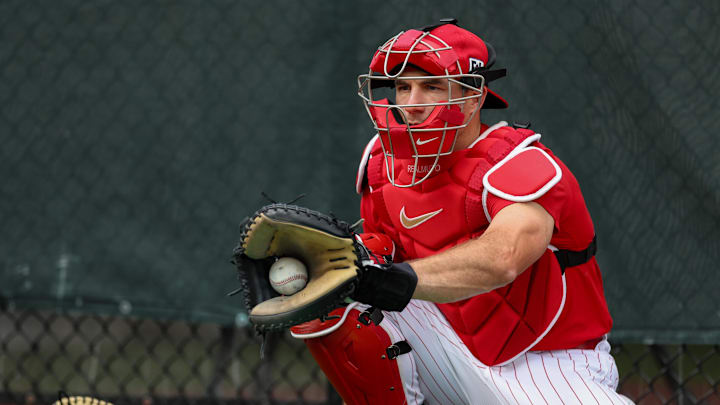 Feb 16, 2025; Clearwater, FL, USA; Philadelphia Phillies catcher J.T. Realmuto (10) participates in spring training workouts at BayCare Ballpark.
