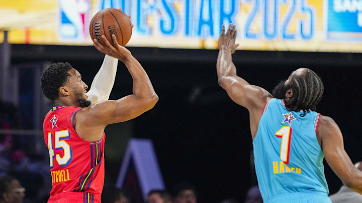 February 16, 2025; San Francisco, CA, USA; Chuck’s Global Stars guard Donovan Mitchell (45) of the Cleveland Cavaliers shoots against Shaq’s OGs guard James Harden (1) of the LA Clippers during the 2025 NBA All Star Game at Chase Center. Mandatory Credit: Kyle Terada-Imagn Images