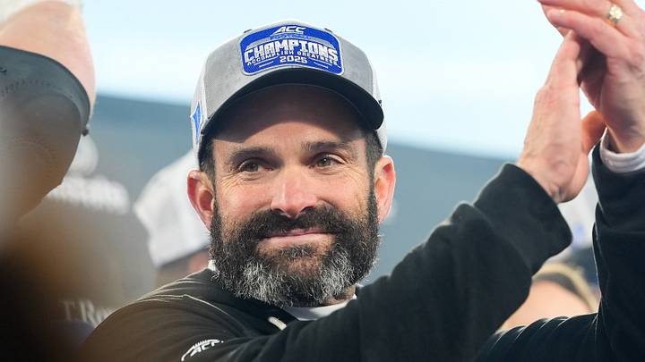 Dec 6, 2025; Charlotte, NC, USA; Duke Blue Devils head coach Manny Diaz celebrates defeating the Virginia Cavaliers during the 2025 ACC Championship game at Bank of America Stadium. Mandatory Credit: Jim Dedmon-Imagn Images