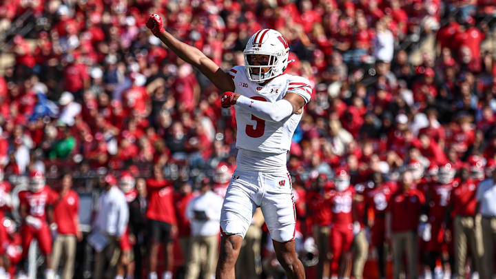 Oct 12, 2024; Piscataway, New Jersey, USA; Wisconsin Badgers cornerback Nyzier Fourqurean (3) celebrates after a defense stop during the first half against the Rutgers Scarlet Knights at SHI Stadium.