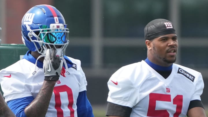 East Rutherford, NJ -- June 5, 2025 -- Linebackers, , Kayvon Thibodeaux, Brian Burns and Abdul Carter as the New York Giants players participate in their 2025 OTAÕs at the Quest Diagnostic Giants Training Center in East Rutherford.