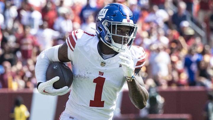 Sep 15, 2024; Landover, Maryland, USA; New York Giants wide receiver Malik Nabers (1) runs down field during the first half at Commanders Field. Mandatory Credit: Luke Johnson-Imagn Images

