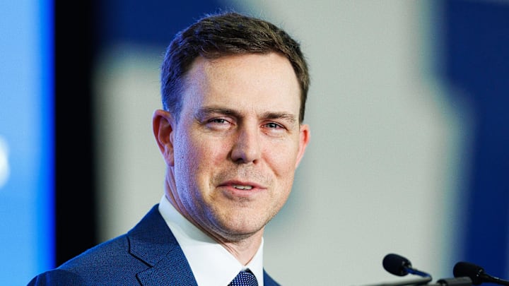 Dec 3, 2025; Lexington, KY, USA; Kentucky Wildcats head football coach Will Stein speaks during his introductory press conference at Nutter Field House. Mandatory Credit: Jordan Prather-Imagn Images