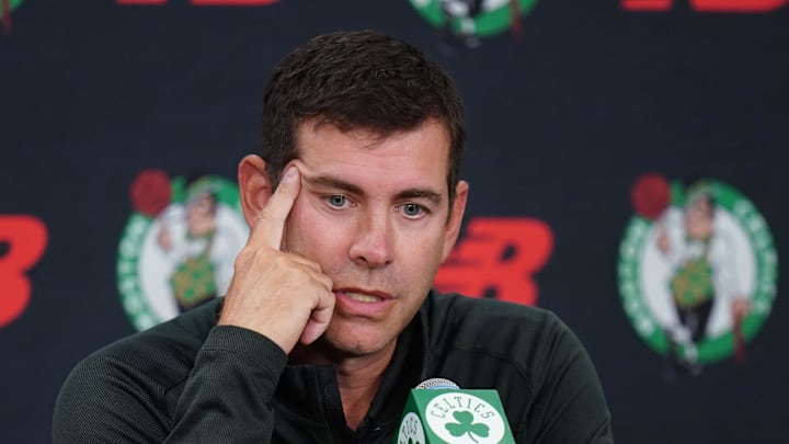 Sep 29, 2025; Boston, MA, USA; Boston Celtics president of basketball operations Brad Stevens talks to reporters during media day at the Auerbach Center. Mandatory Credit: David Butler II-Imagn Images