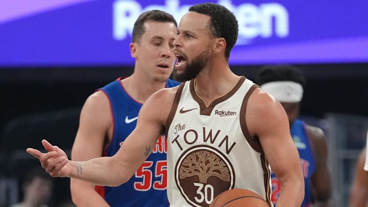 Jan 30, 2026; San Francisco, California, USA; Golden State Warriors guard Stephen Curry (30) reacts after committing a turnover against the Detroit Pistons in the first quarter at the Chase Center. Mandatory Credit: Cary Edmondson-Imagn Images