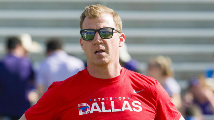 SMU Mustangs coach Rhett Lashlee before the game between the TCU Horned Frogs and the SMU Mustangs at Amon G. Carter Stadium.