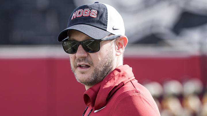 Arkansas Razorbacks head coach Ryan Silverfield looks over the field during spring practice at the Arkansas Razorbacks practice facilities. Arkansas Razorbacks head coach Ryan Silverfield looks over the field during spring practice at the Arkansas Razorbacks practice facilities.