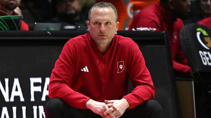 Feb 20, 2026; West Lafayette, Indiana, USA; Indiana Hoosiers head coach Darian Devries during the second half against the Purdue Boilermakers at Mackey Arena.