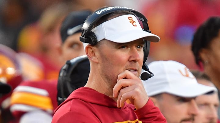 Nov 16, 2024; Los Angeles, California, USA; Southern California Trojans head coach Lincoln Riley watches game action against the Nebraska Cornhuskers during the second half at the Los Angeles Memorial Coliseum. Mandatory Credit: Gary A. Vasquez-Imagn Images