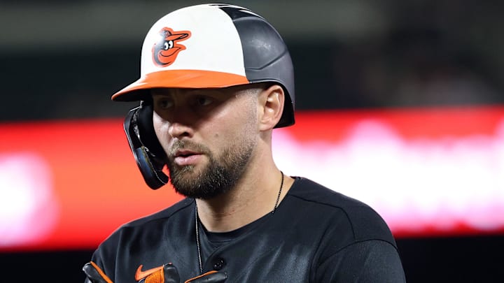 Apr 11, 2026; Baltimore, Maryland, USA; Baltimore Orioles left fielder Colton Cowser (17) celebrates after hitting a single during the fourth inning against the San Francisco Giants at Oriole Park at Camden Yards. Mandatory Credit: Daniel Kucin Jr.-Imagn Images