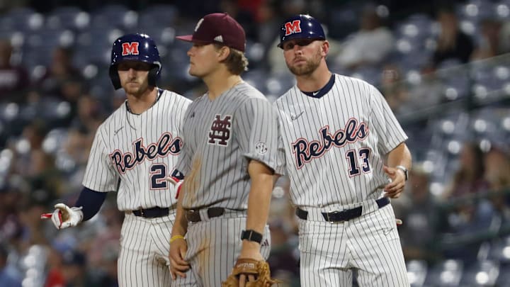 University of Mississippi baseball player Austin Hawley (24) signals to coaching staff from first base during the Governor’s Cup played against Mississippi State University at Trustmark Park on April 22, 2025, in Pearl, Miss.