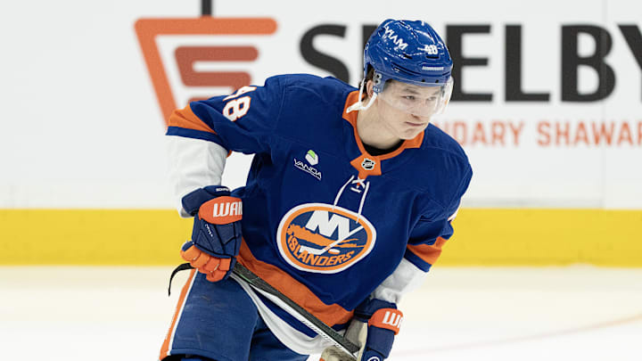 Mar 17, 2026; Toronto, Ontario, CAN; New York Islanders defenseman Matthew Schaefer (48) skates during the warmup before a game against the Toronto Maple Leafs at Scotiabank Arena. Mandatory Credit: Nick Turchiaro-Imagn Images