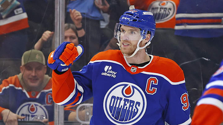 Jan 10, 2026; Edmonton, Alberta, CAN; Edmonton Oilers forward Connor McDavid (97) celebrates after scoring a goal during the third period against the Los Angelos Kings at Rogers Place. Mandatory Credit: Perry Nelson-Imagn Images