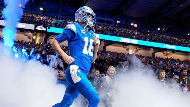 Detroit Lions quarterback Jared Goff (16) takes the field during introduction before first half against Chicago Bears at Ford Field in Detroit on Thursday, Nov. 28, 2024.