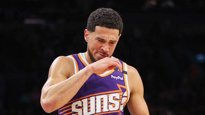 Phoenix Suns guard Devin Booker (1) reacts after being fouled by the New Orleans Pelicans in the fourth quarter at Footprint Center on February 27, 2025.