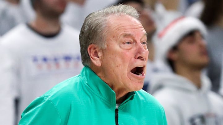 Dec 13, 2025; University Park, Pennsylvania, USA; Michigan State Spartans head coach Tom Izzo reacts from the bench during the first half against the Penn State Nittany Lions at Bryce Jordan Center. Mandatory Credit: Matthew O'Haren-Imagn Images