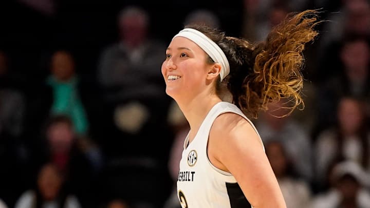 Vanderbilt guard Aubrey Galvan (3) celebrates her three-point basket against Florida during the third quarter at Memorial Gymnasium in Nashville, Tenn., Sunday, Feb. 1, 2026.