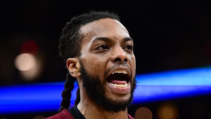 Cleveland Cavaliers guard Darius Garland argues a call with referee Brent Barnaky.