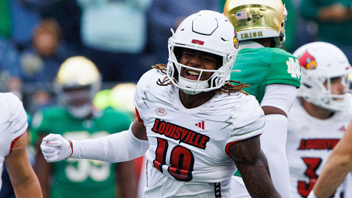 Louisville defensive back Benjamin Perry (10) celebrates a turnover during a NCAA college football game between Notre Dame and Louisville at Notre Dame Stadium on Saturday, Sept. 28, 2024, in South Bend. Louisville defensive back Benjamin Perry (10) celebrates a turnover during a NCAA college football game between Notre Dame and Louisville at Notre Dame Stadium on Saturday, Sept. 28, 2024, in South Bend.