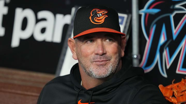 Jul 24, 2024; Miami, Florida, USA; Baltimore Orioles manager Brandon Hyde (18) before a game against the Miami Marlins at loanDepot Park Jul 24, 2024; Miami, Florida, USA; Baltimore Orioles manager Brandon Hyde (18) before a game against the Miami Marlins at loanDepot Park