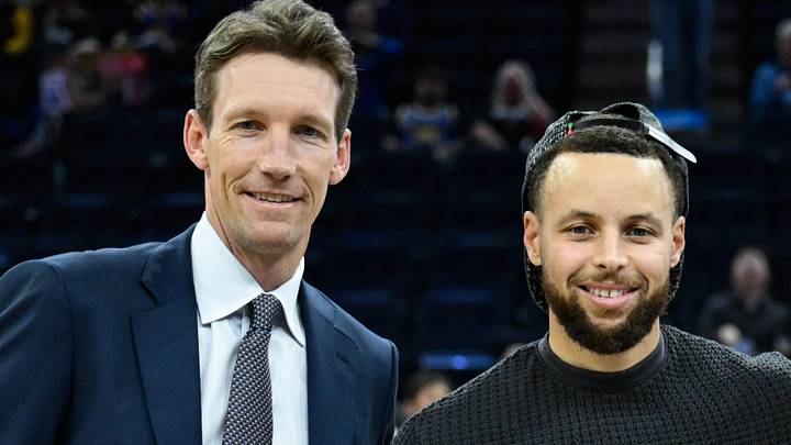 Feb 11, 2026; San Francisco, California, USA; Golden State Warriors guard Stephen Curry, center, accepts a ball honoring his All-Star Game selection from Golden State Warriors general manager Mike Dunleavy, left, and 12-year season ticket member Casey Kaminsky, right, before the game against the San Antonio Spurs at Chase Center. Mandatory Credit: Eakin Howard-Imagn Images Feb 11, 2026; San Francisco, California, USA; Golden State Warriors guard Stephen Curry, center, accepts a ball honoring his All-Star Game selection from Golden State Warriors general manager Mike Dunleavy, left, and 12-year season ticket member Casey Kaminsky, right, before the game against the San Antonio Spurs at Chase Center. Mandatory Credit: Eakin Howard-Imagn Images