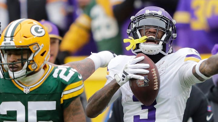 Minnesota Vikings wide receiver Jordan Addison (3) celebrates a first down reception against the Green Bay Packers in 2023.