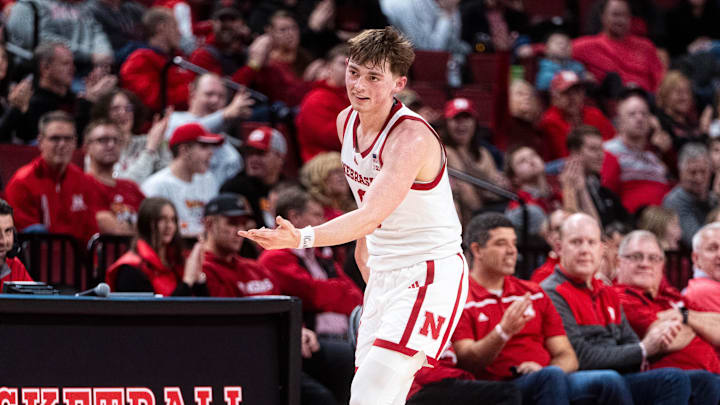 Nebraska guard Connor Essegian celebrates after a three-point basket against Southern University on Dec 30, 2024.