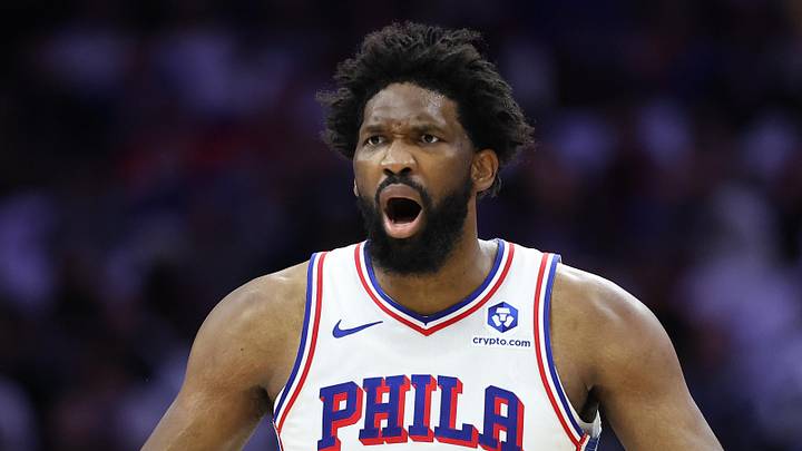 May 8, 2026; Philadelphia, Pennsylvania, USA; Philadelphia 76ers center Joel Embiid (21) reacts to a play against the New York Knicks during the first quarter of game three of the second round of the 2026 NBA Playoffs at Xfinity Mobile Arena. Mandatory Credit: Bill Streicher-Imagn Images