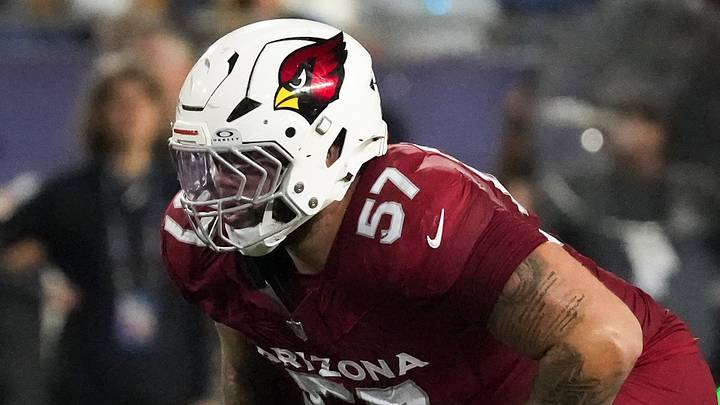 Aug 6, 2026; Canton, Ohio, USA; Arizona Cardinals center Jon Gaines II (71) and Chase Bisontis (57) linebacker on the line of scrimmage against the Carolina Panthers at Tom Benson Hall of Fame Stadium. Mandatory Credit: Kirby Lee-Imagn Images Aug 6, 2026; Canton, Ohio, USA; Arizona Cardinals center Jon Gaines II (71) and Chase Bisontis (57) linebacker on the line of scrimmage against the Carolina Panthers at Tom Benson Hall of Fame Stadium. Mandatory Credit: Kirby Lee-Imagn Images