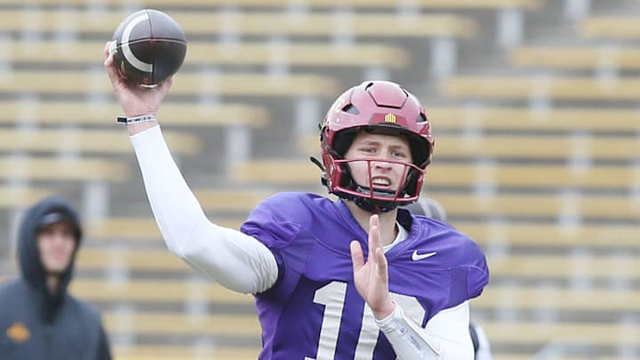 Iowa State Cyclones quarterback JJ Kohl (10) passes the ball in the University's Spring Football at Jack Trice Stadium on Saturday, April 20, 2024, in Ames, Iowa. Iowa State Cyclones quarterback JJ Kohl (10) passes the ball in the University's Spring Football at Jack Trice Stadium on Saturday, April 20, 2024, in Ames, Iowa.