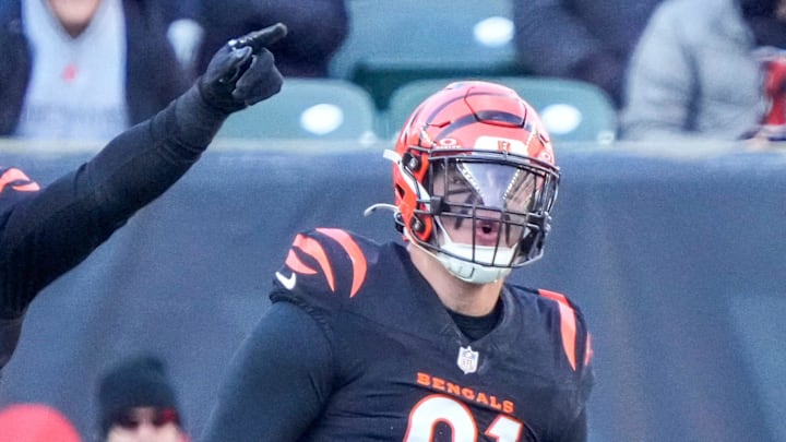 Cincinnati Bengals defensive end Trey Hendrickson (91) celebrates a sack in the second quarter of the NFL Week 16 game between the Cincinnati Bengals and the Cleveland Browns at Paycor Stadium in downtown Cincinnati on Sunday, Dec. 22, 2024. The Bengals led 17-0 at halftime.