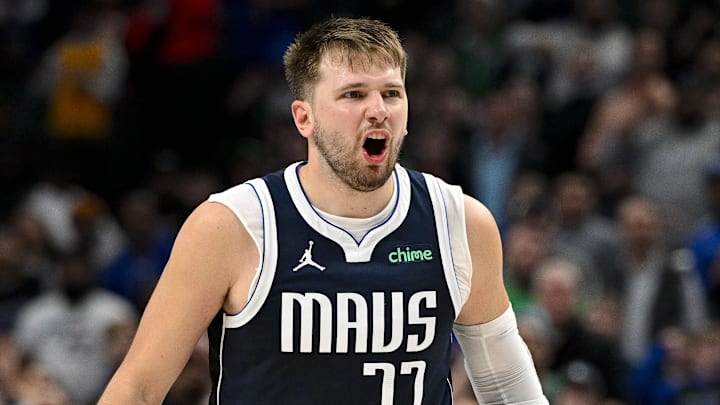 Mar 7, 2024; Dallas, Texas, USA; Dallas Mavericks guard Luka Doncic (77) reacts to a call during the second half against the Miami Heat at the American Airlines Center. Mandatory Credit: Jerome Miron-Imagn Images